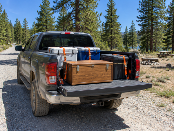 A pickup tailgate at a sunny pine campsite with a strapped-down wooden camp kitchen box, coolers and a storage tote