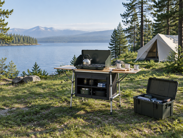 A compact folding camp kitchen set up with a stove and mugs at a green lakeside campsite in soft morning light.