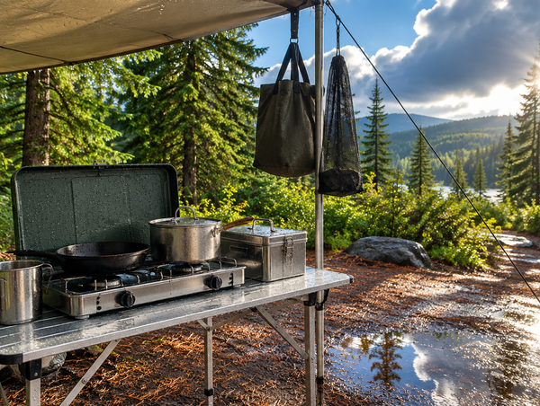 A camp kitchen with a stove, skillet and pots beaded with rain on a table under a dripping awning as sun breaks through.