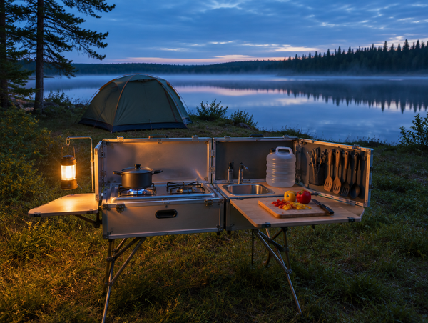 An open camp kitchen box with a stove and sink glows under lantern light beside a tent and a lake at dusk.