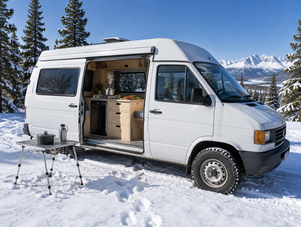 Camper van with its side door open to a wooden galley and stove, parked in fresh snow under a clear blue sky.