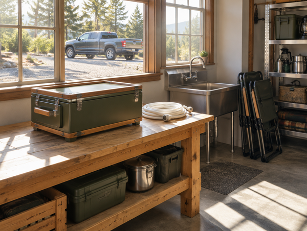 A camp kitchen box on a sunlit wooden workbench in a bright garage, a steel sink and pickup truck visible nearby.