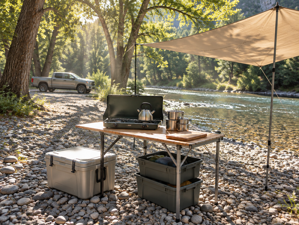 A tidy camp kitchen with a wood-top table, stove and steel pots set up on a sunlit riverside shingle bank.