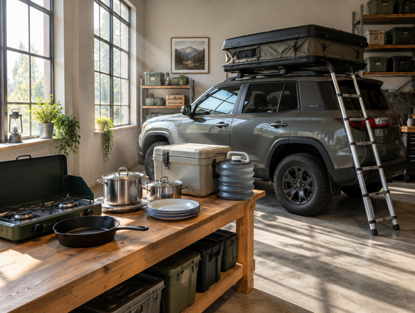 SUV with a folded roof top tent parked in a sunlit garage beside a wooden bench laid out with camp cooking gear.