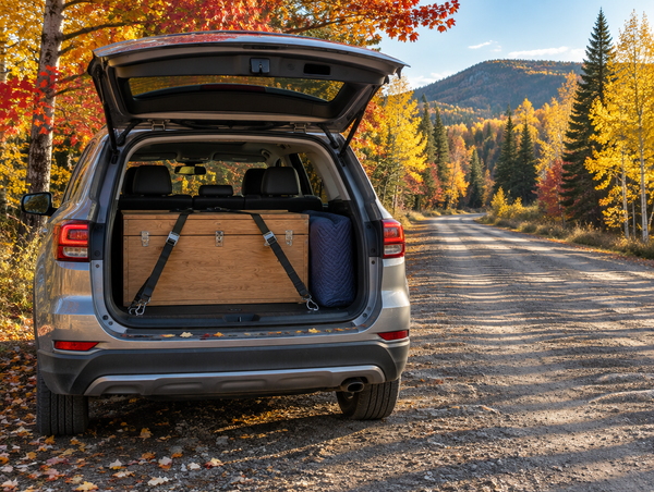 A camp kitchen box strapped down in the open cargo area of an SUV on a gravel road lined with autumn trees