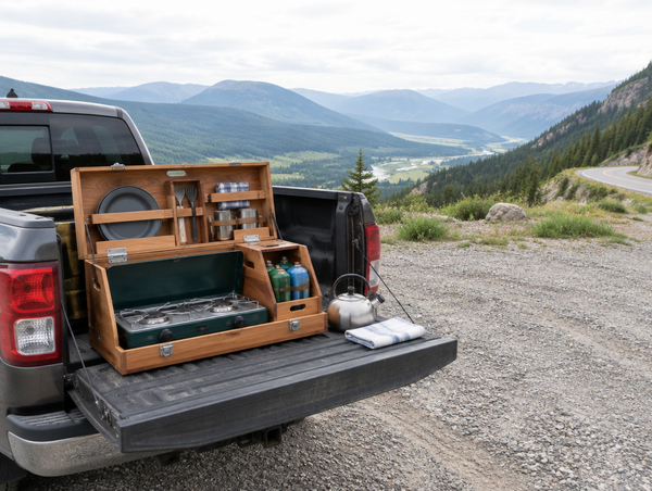 Open wooden camp kitchen box on a pickup tailgate at a gravel mountain pull-off above a wide green valley.