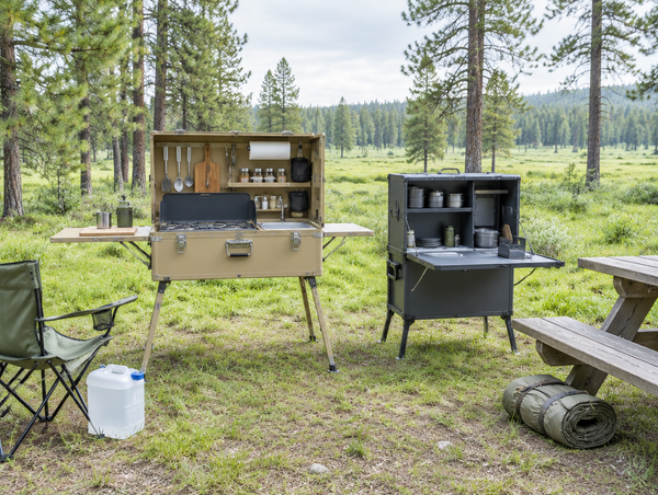 Two opened camp kitchen boxes set up side by side at a grassy pine-edged campsite under a bright overcast sky.