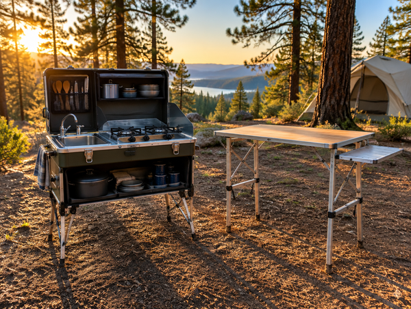 Two folding camp kitchen setups side by side at a pine-forest campsite in warm late-afternoon sunlight.