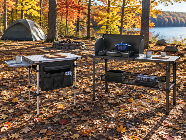 Two different folding camp kitchen stations side by side at a forest campsite among bright red and gold autumn trees.