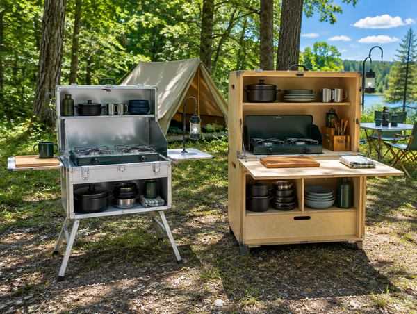 Two premium camp kitchen boxes open side by side at a sunny forest campsite under a blue summer sky.