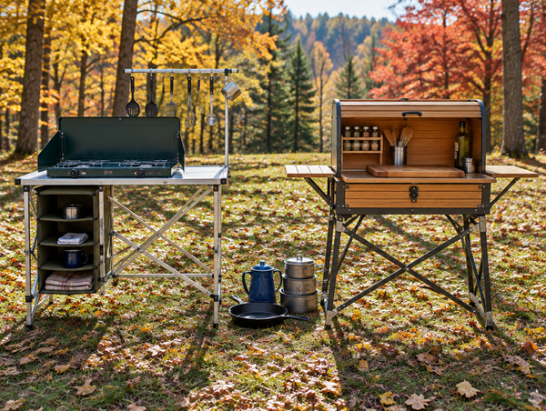 Two portable camp kitchen setups side by side in a sunny autumn campsite with red and gold trees and fallen leaves.