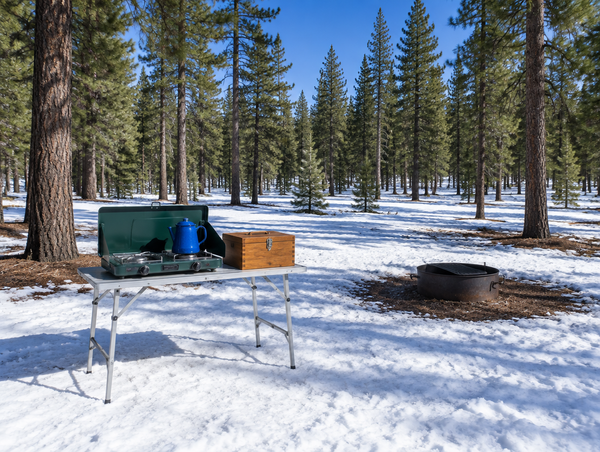 A tidy camp kitchen on a folding table stands on level snow in a sunny pine forest clearing under a blue sky.