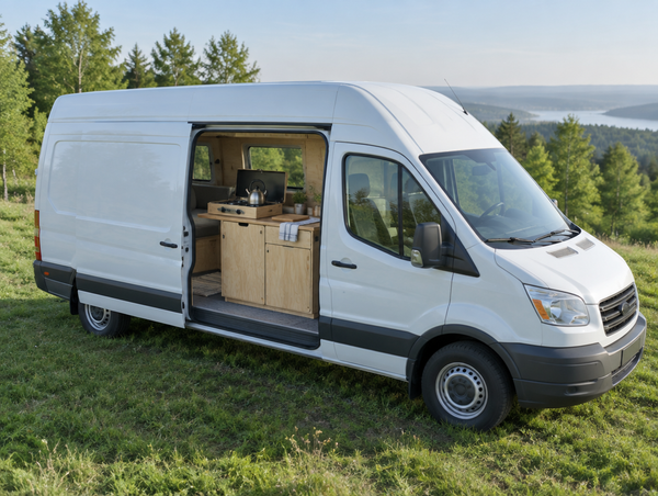 A camper van with its side door open to a plywood galley holding a camp stove in a wooden kitchen box on a clear morning.