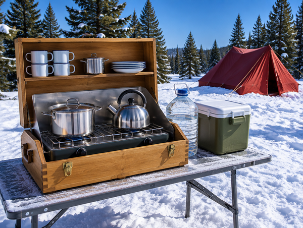 Open wooden camp kitchen box with a stove and stainless pots on a table at a sunny, snowy pine campsite.