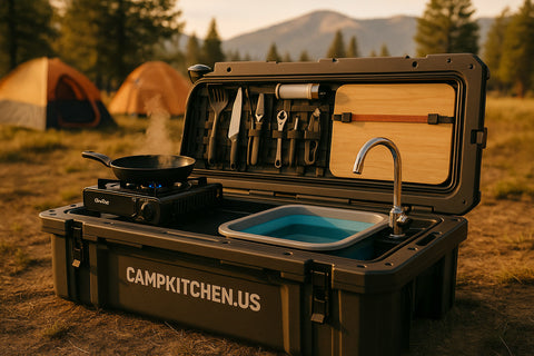 Portable camping kitchen with utensils and cookware in a field with tents and mountains in the background.