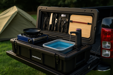 Portable camping kitchen setup with cookware and utensils in a black case on a vehicle bed.