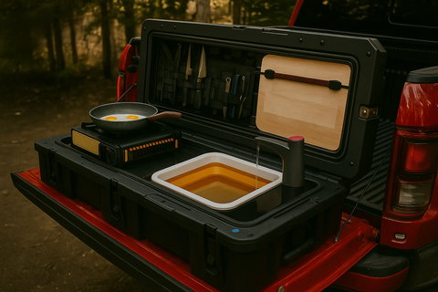 Trunk of a vehicle with camping gear including a frying pan and utensils and camp kitchen