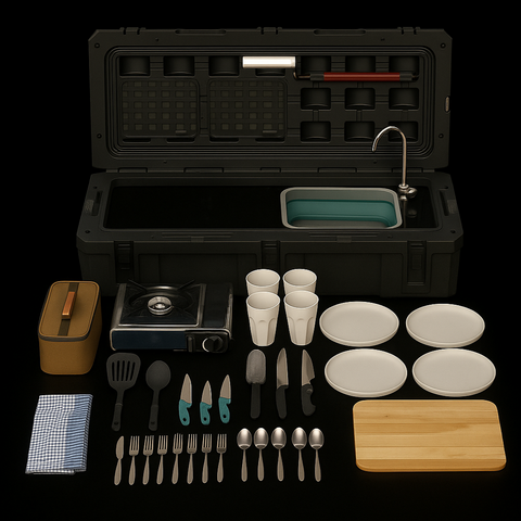 Camping utensils and cookware set with a black storage case on a white background
