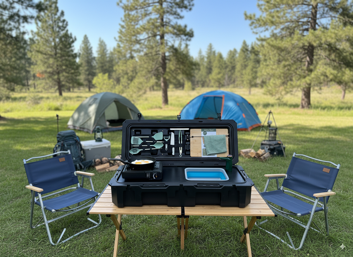 Camping setup with a portable kitchen on a table, chairs, and tents in a forested area.