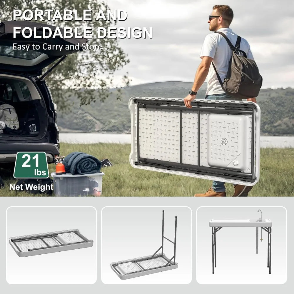 42.5" Fish Cleaning Station — Folding Camp Table with Sink & Faucet
