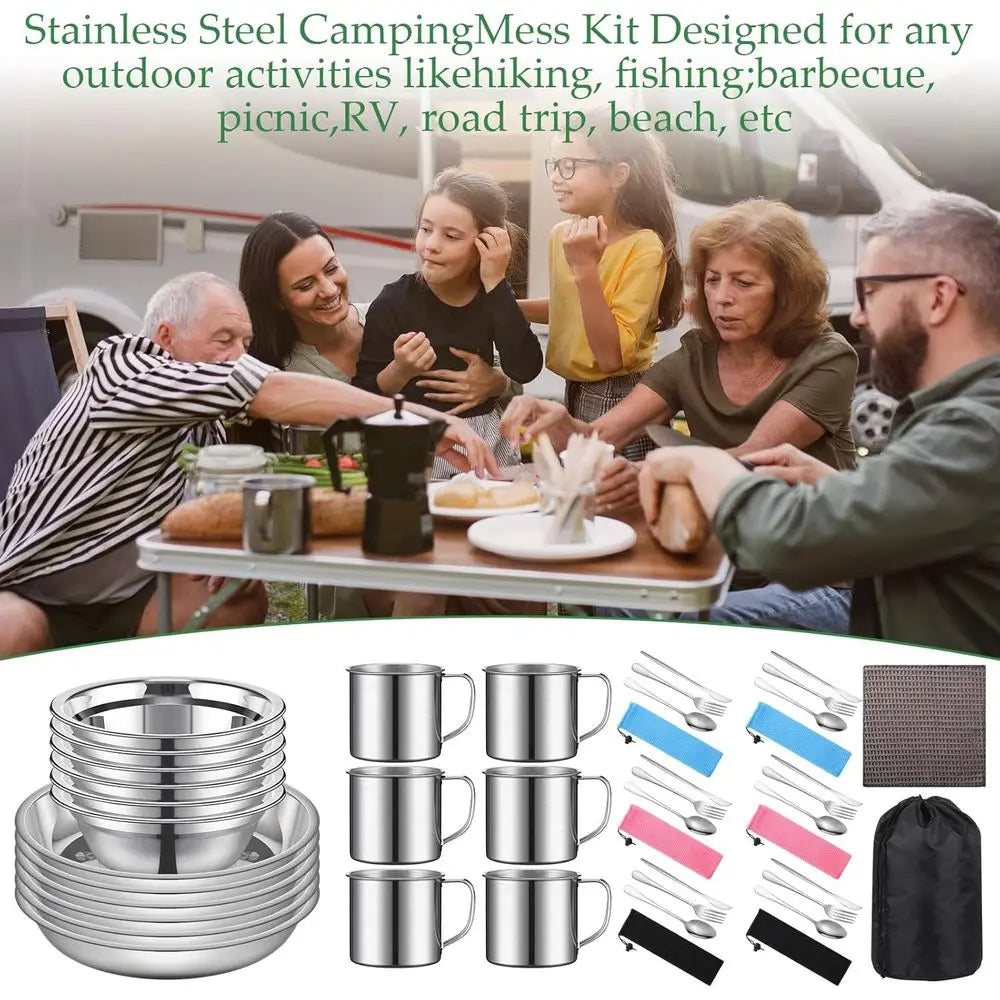 Stainless Steel Camping Set — Pot, Plates, Cups, Cutlery & Carrying Bag