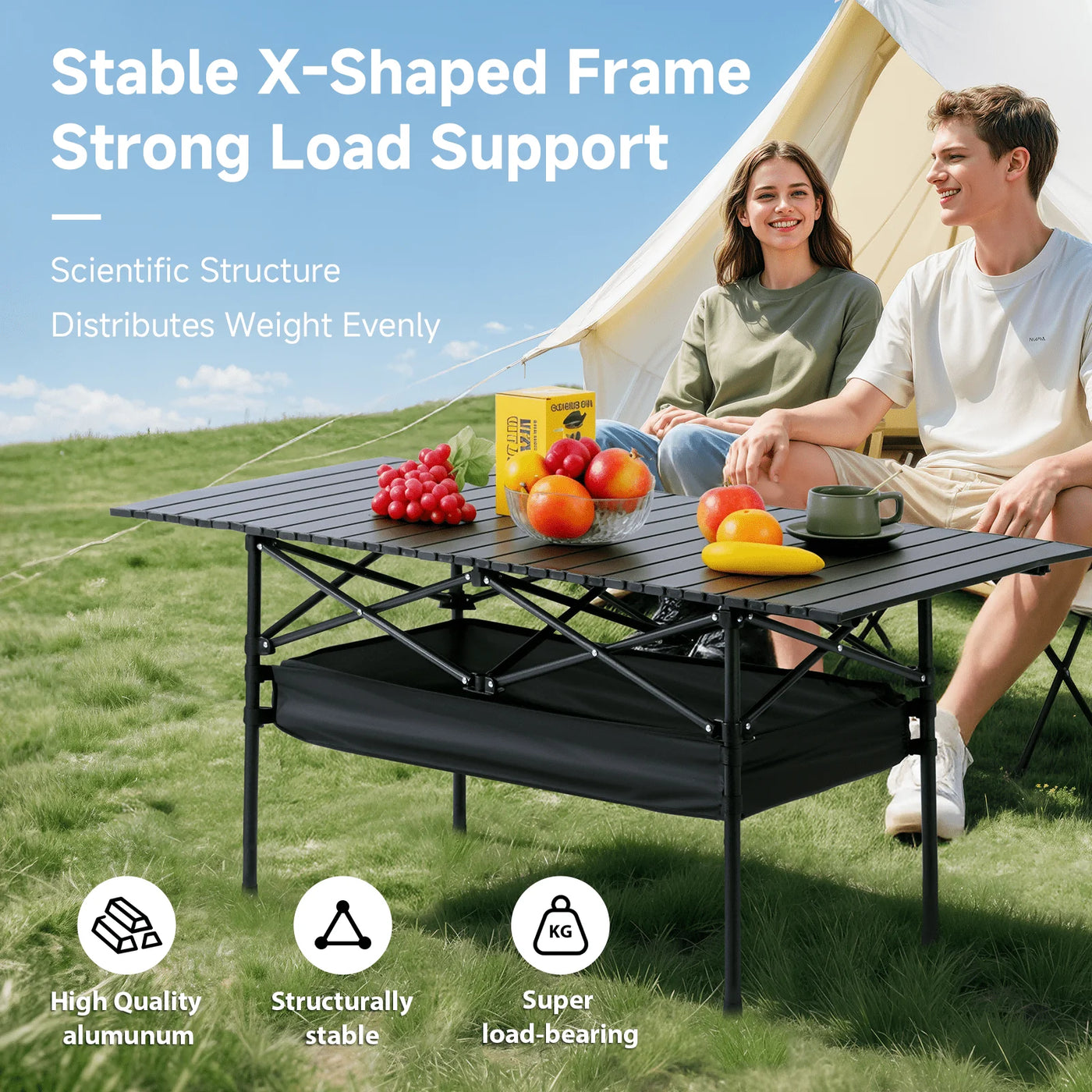 Roll-Up Aluminum Camp Table — Seats 4–6, Carry Bag Included