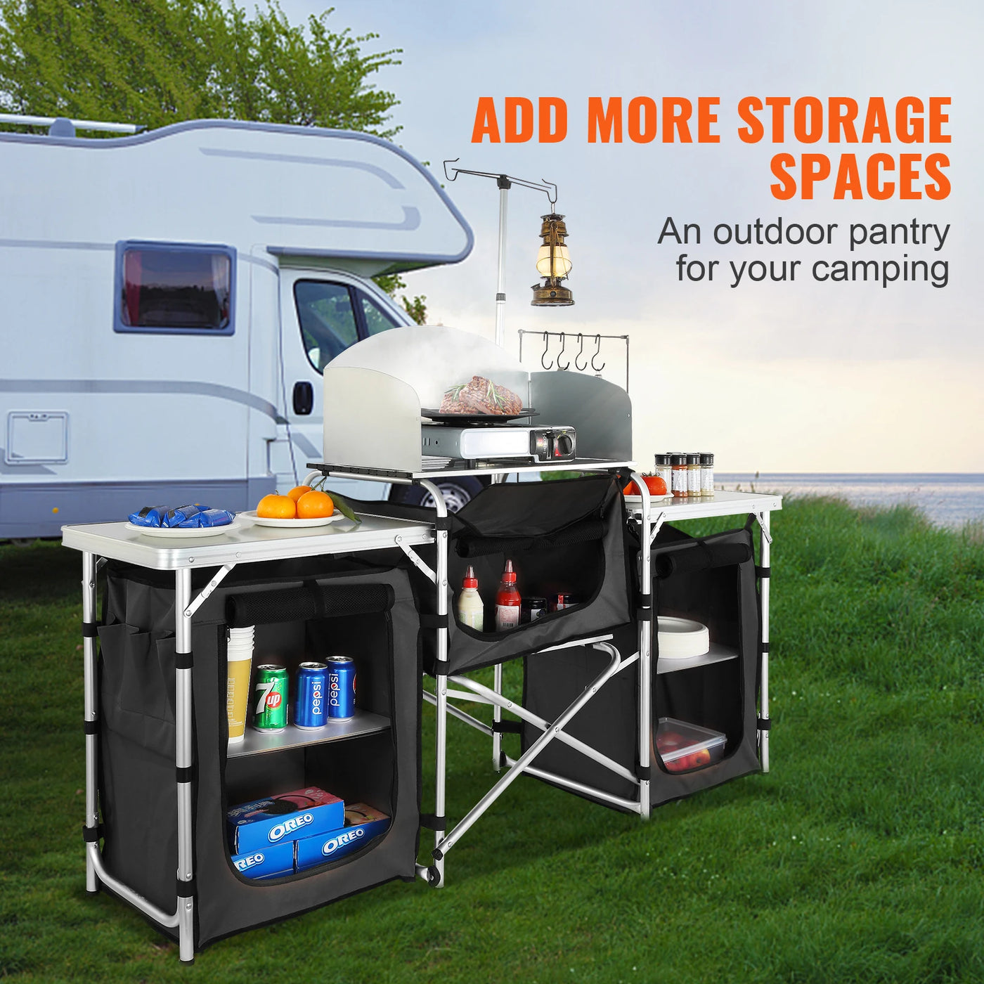 SucceBuy Folding Camp Kitchen Cabinet Table — Cooking & Storage Rack