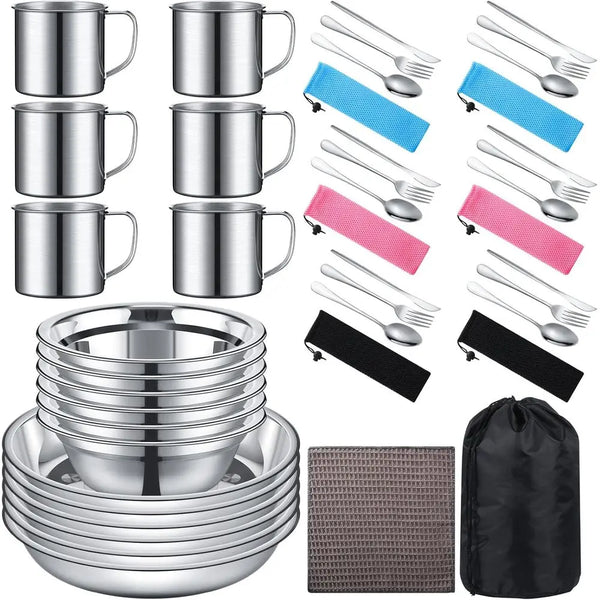 Stainless Steel Camping Set — Pot, Plates, Cups, Cutlery & Carrying Bag