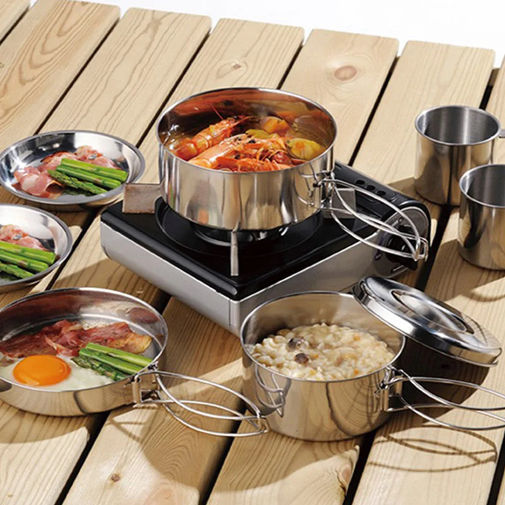 8-Piece Camping Cookware Mess Kit — Pot, Pan, Cups & Tableware