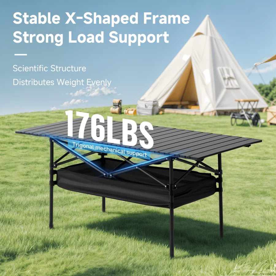 Roll-Up Aluminum Camp Table — Seats 4–6, Carry Bag Included