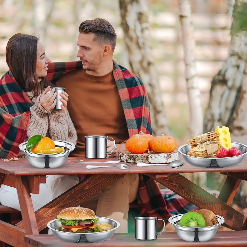 Stainless Steel Camping Set — Pot, Plates, Cups, Cutlery & Carrying Bag