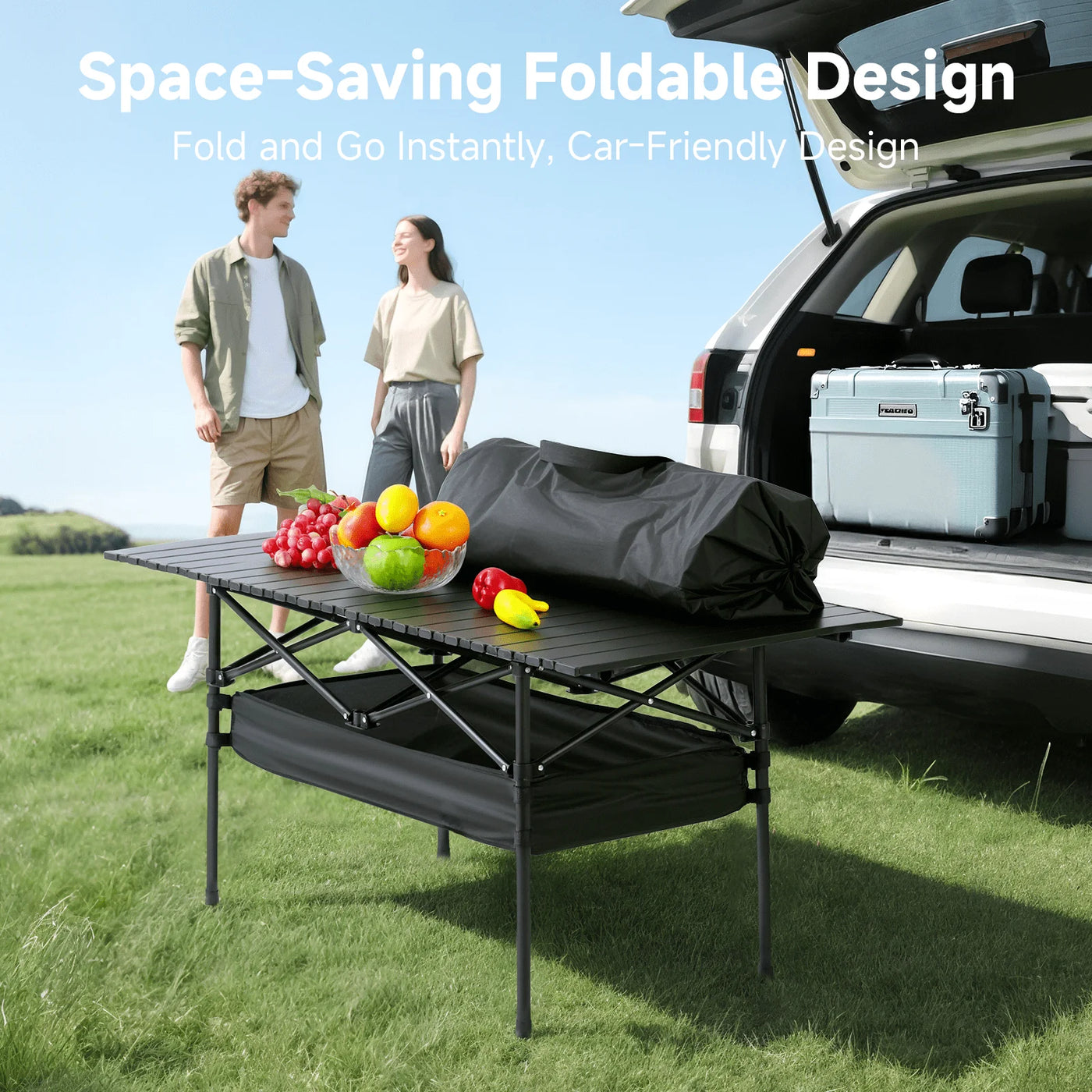 Roll-Up Aluminum Camp Table — Seats 4–6, Carry Bag Included