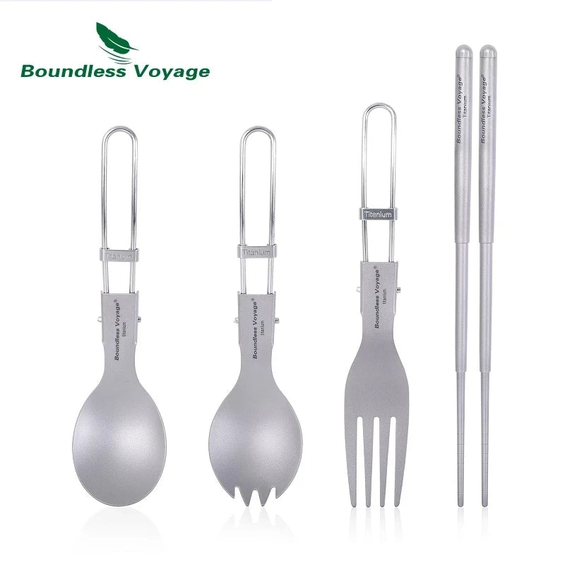 Titanium Camping Cutlery Set — Folding Spoon, Fork & Chopsticks