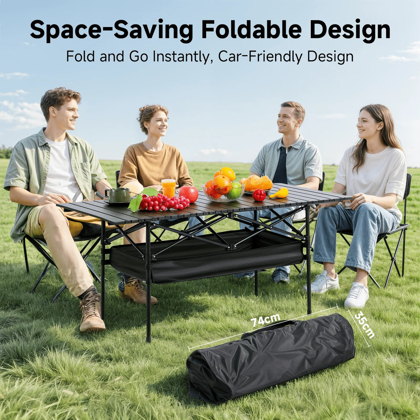 Roll-Up Aluminum Camp Table — Seats 4–6, Carry Bag Included