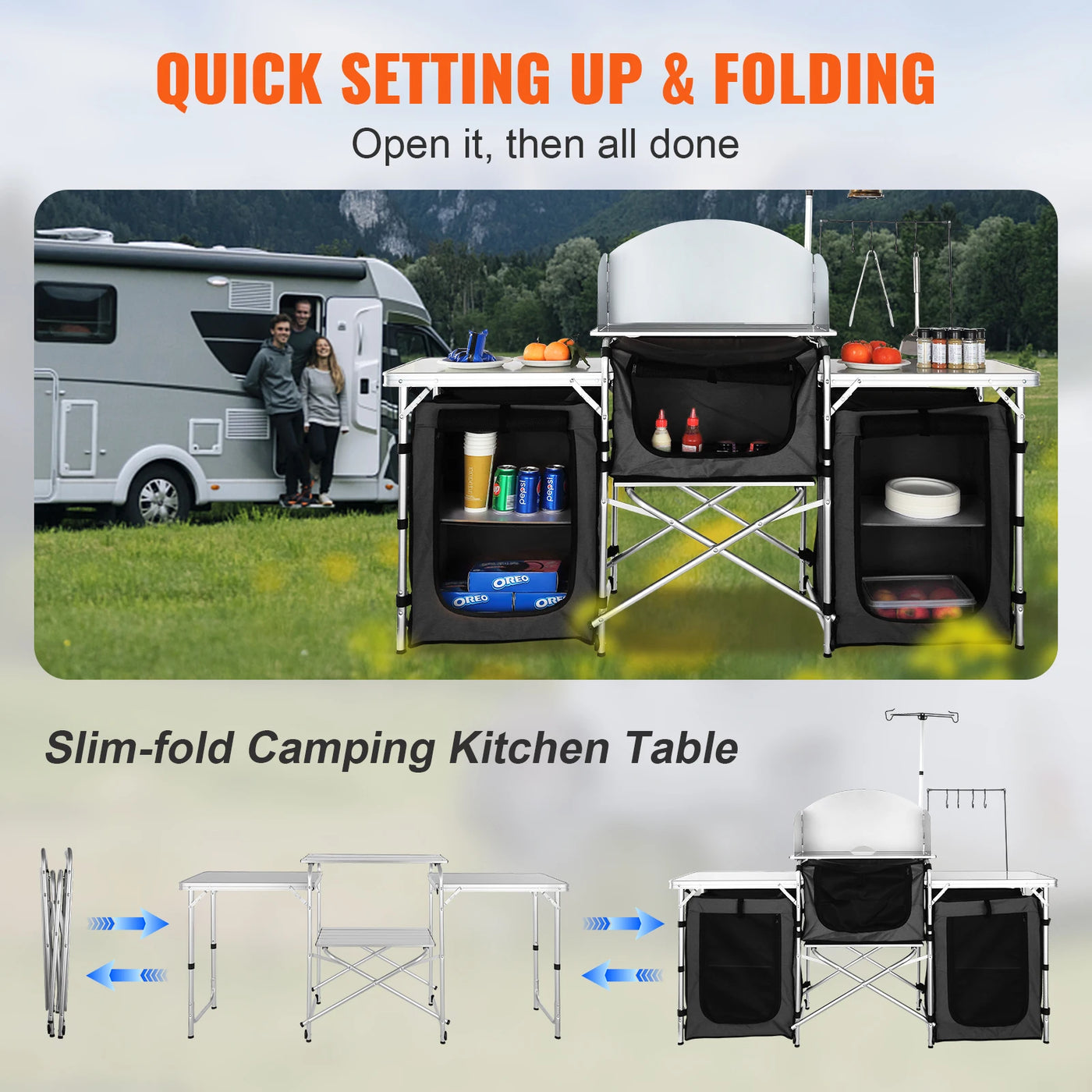 SucceBuy Folding Camp Kitchen Cabinet Table — Cooking & Storage Rack