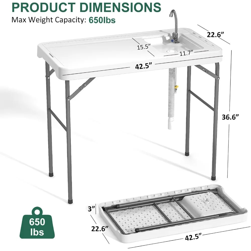 42.5" Fish Cleaning Station — Folding Camp Table with Sink & Faucet