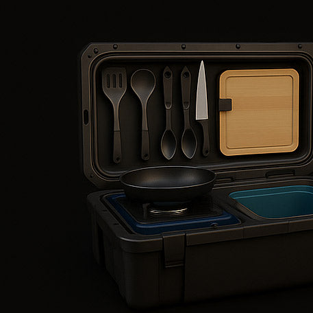 Portable outdoor cooking set with utensils and a cutting board in a black case on a dark background