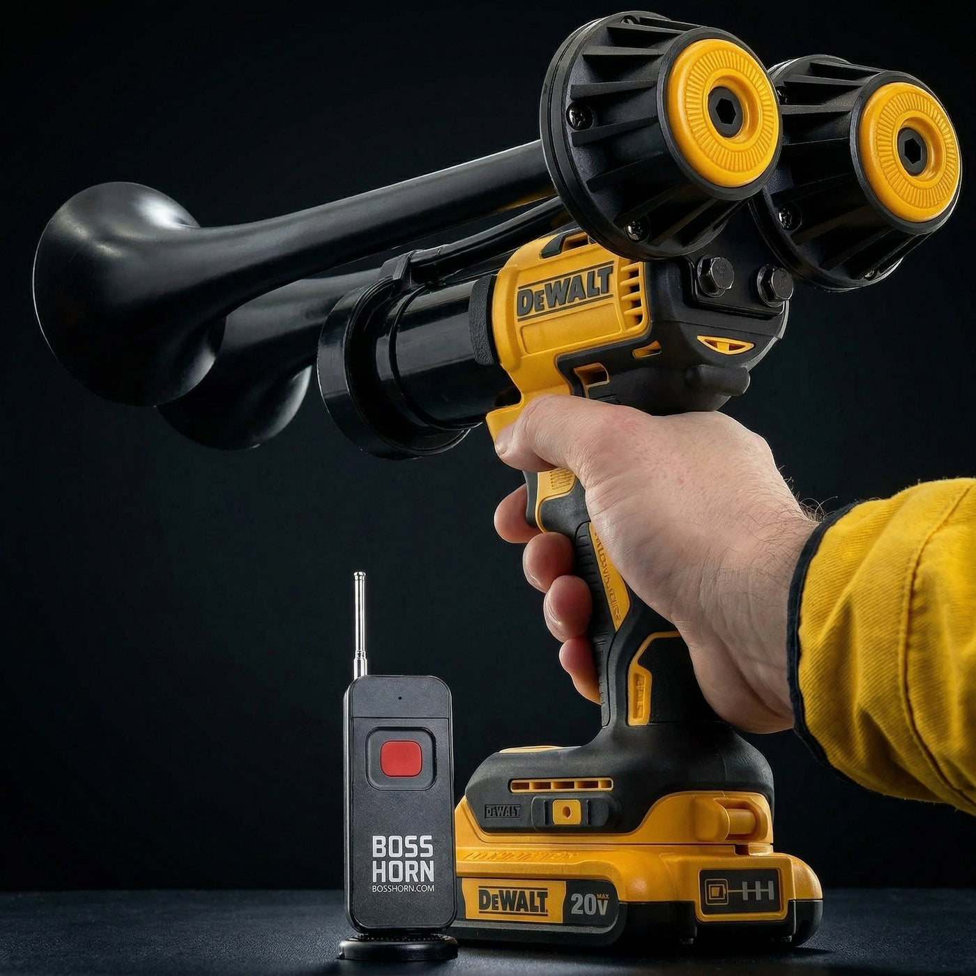 Dual wildlife deterrent camp horn that runs on a DeWalt® 20V battery