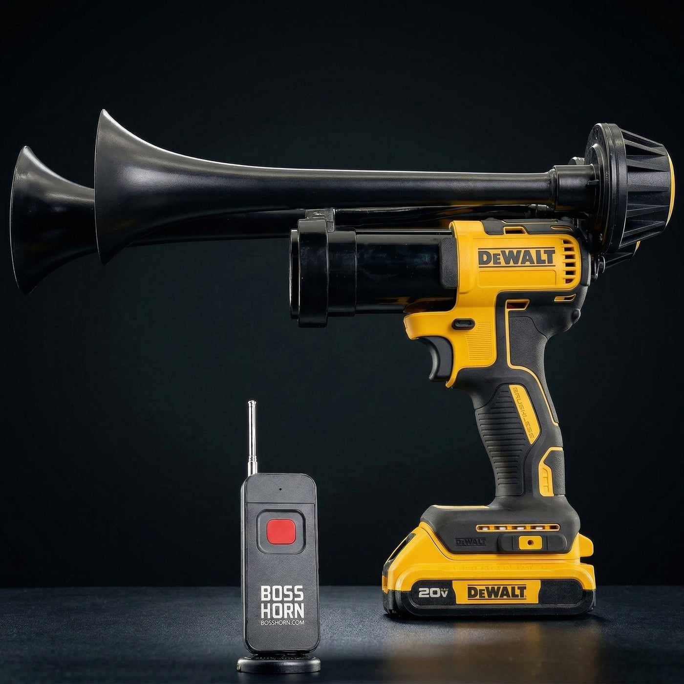 Dual wildlife deterrent camp horn that runs on a DeWalt® 20V battery