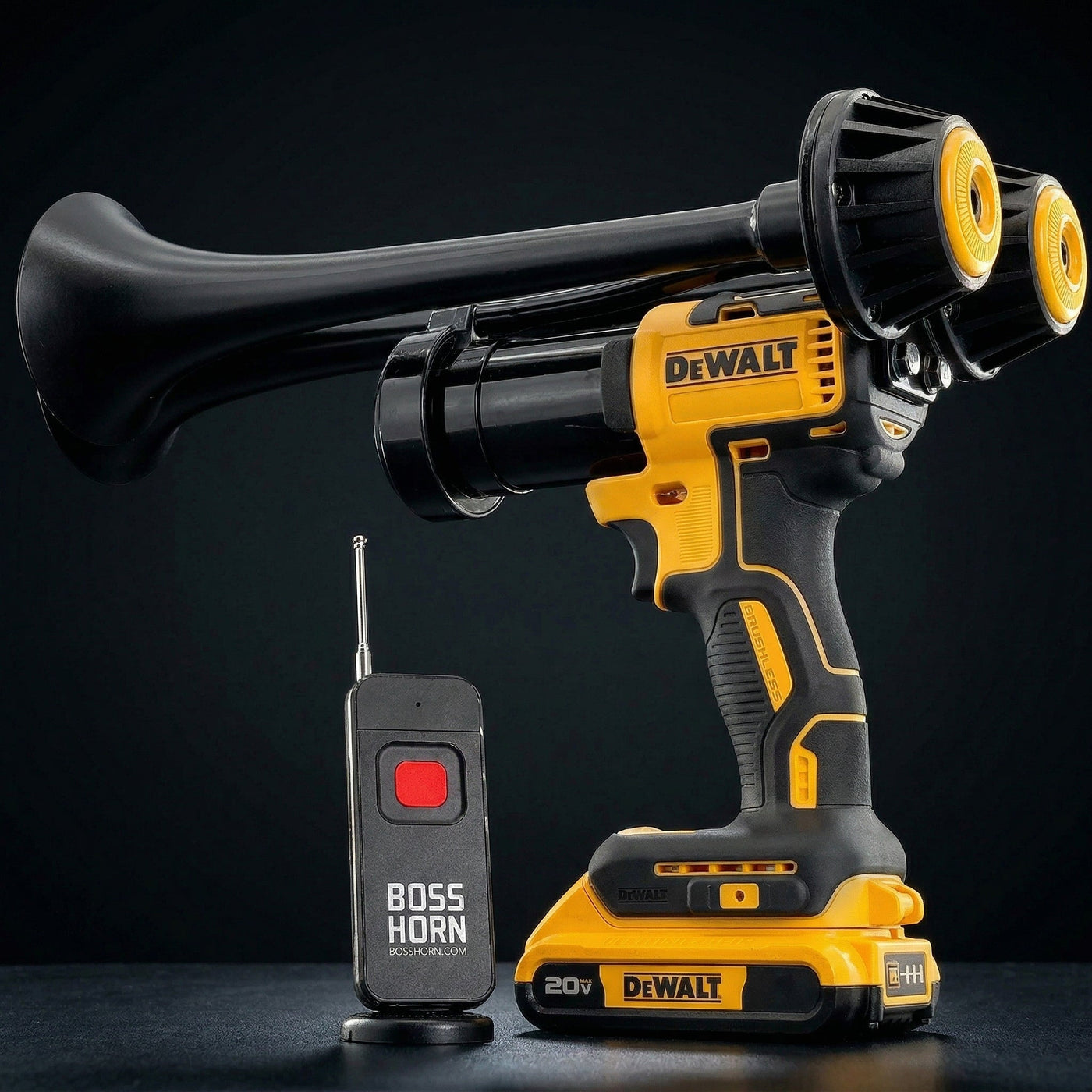 Dual wildlife deterrent camp horn that runs on a DeWalt® 20V battery