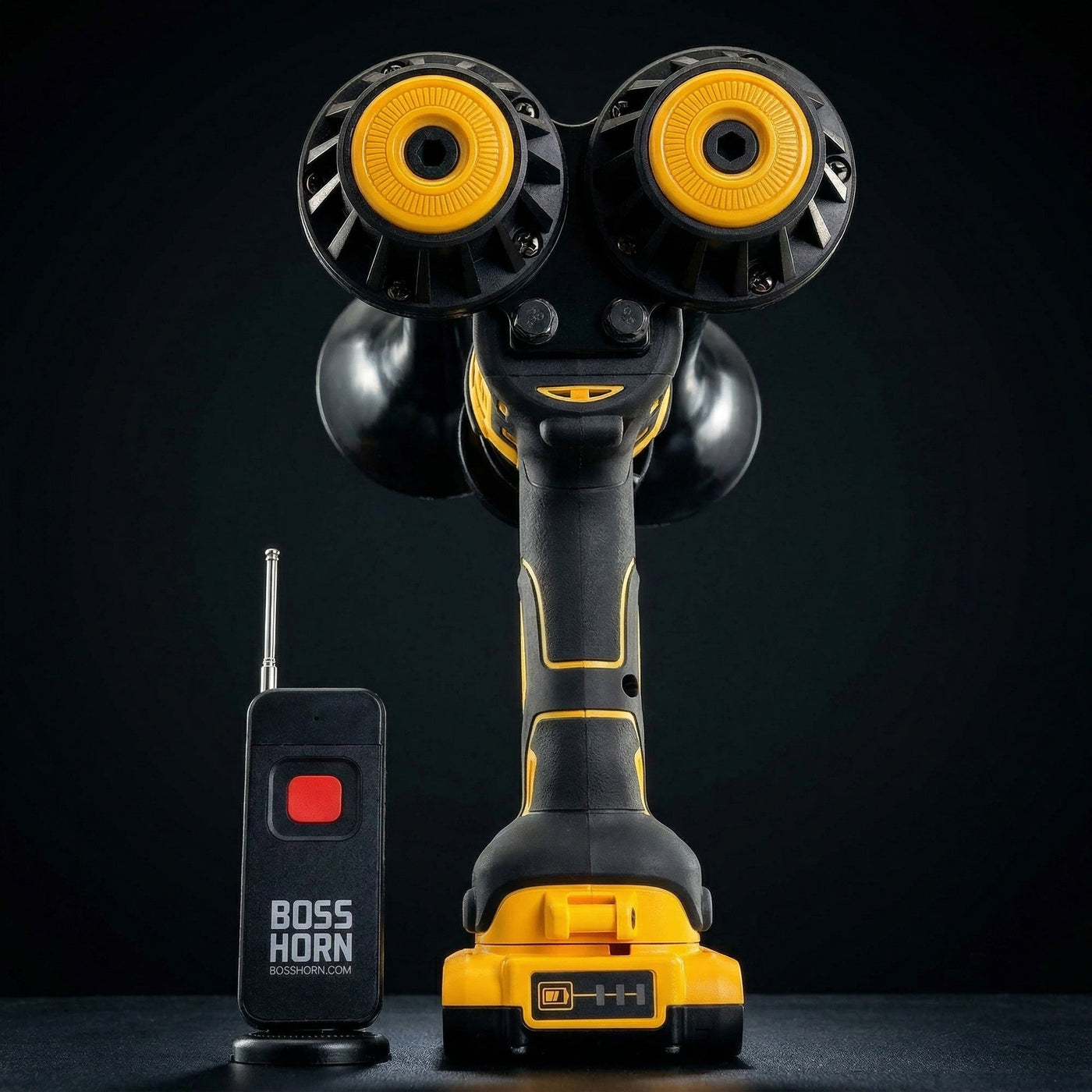 Dual wildlife deterrent camp horn that runs on a DeWalt® 20V battery