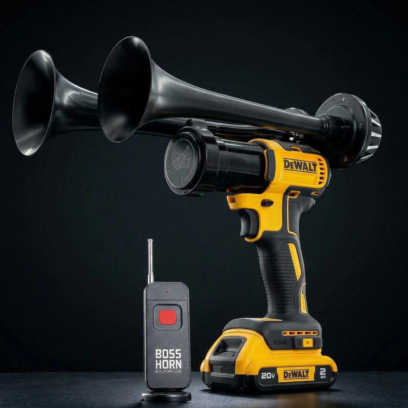 Dual wildlife deterrent camp horn that runs on a DeWalt® 20V battery