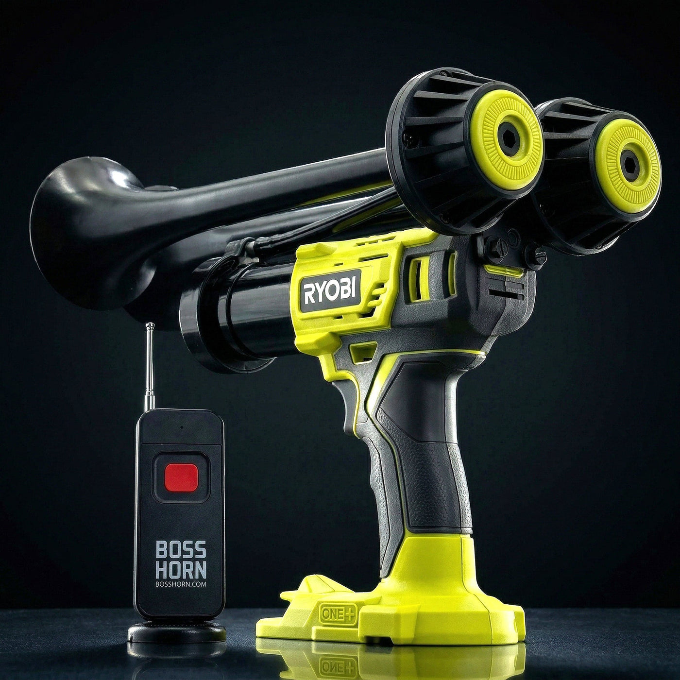 Black dual-trumpet wildlife deterrent camp horn with wireless remote on a dark background