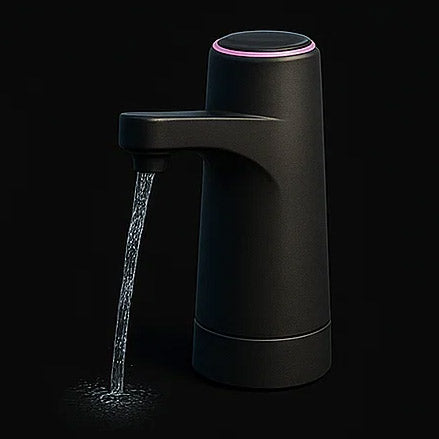 Black faucet dispensing water on a black background