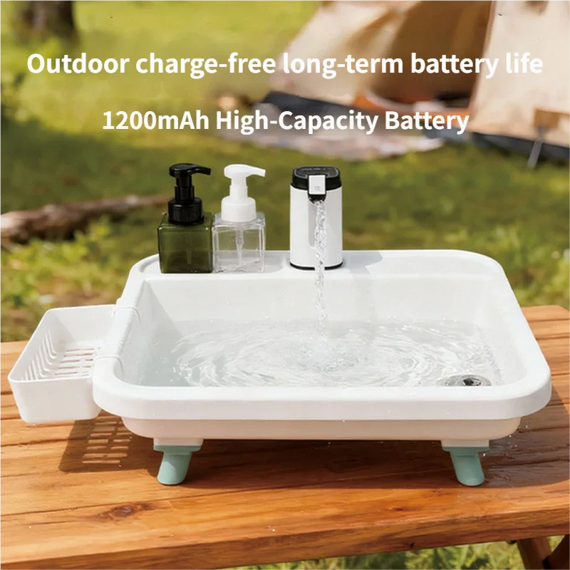 Folding Camping Sink with Electric Water Pump — White