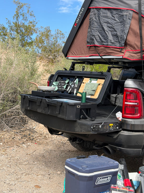 VOZ Camp Kitchen box open on a truck tailgate with all gear inside