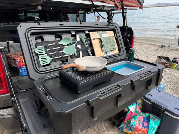 Complete camp kitchen kit with all 30+ items laid out