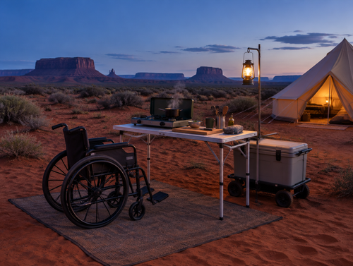 Empty wheelchair at a low camp kitchen table on red desert sand, lit by a warm lantern at blue hour with mesas behind.