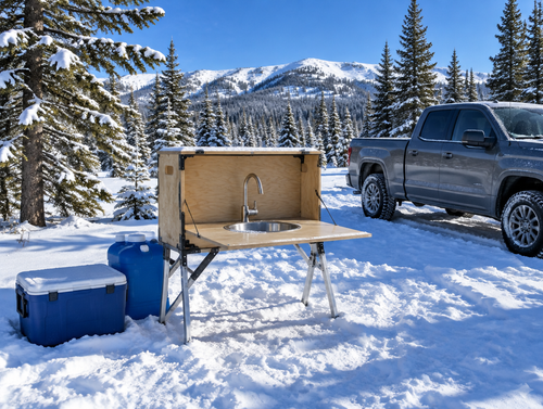 A plywood chuck box with a built-in steel sink stands open at a snowy pine campsite under a clear blue sky.
