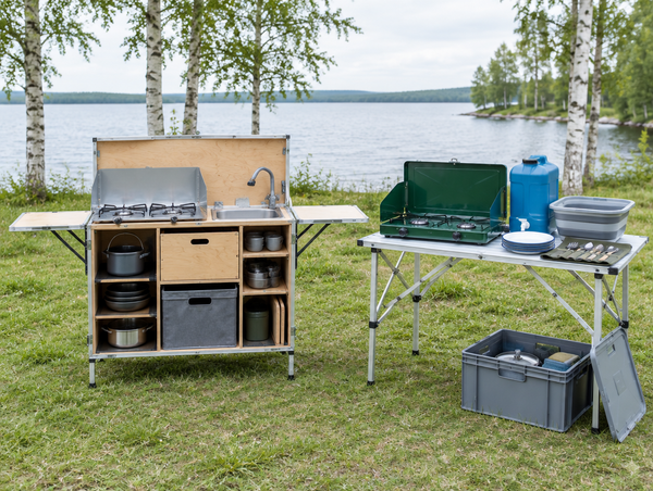 An unfolded all-in-one camp kitchen box beside a separate stove, table, water jug and tote at a lakeside campsite.